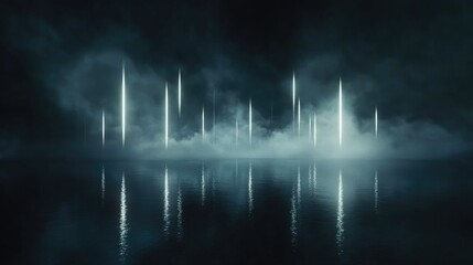 Poster - Dramatic dark backdrop featuring light reflections on water with smoke fog creating an empty futuristic nighttime landscape