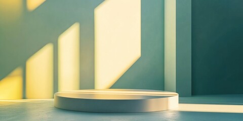 Poster - Minimal abstract geometric background featuring direct sunlight in green and yellow tones An empty podium is highlighted for product presentation in a 3D rendering
