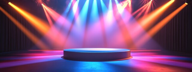 Aufkleber - Empty podium with a disco backdrop Rays of light illuminate a magical event Vibrant square stage design suitable for exhibitions Core demonstration area featuring a 3D rendered scene with gleaming