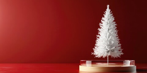 Aufkleber - Blank pedestal product stand with glass texture and a white Christmas tree on a red background 3D render