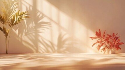 Poster - Abstract studio backdrop for showcasing products Vacant space featuring window shadows flowers and palm leaves Softly blurred background