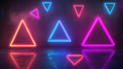 Wall Mural - Glowing neon geometric shapes set against a dark backdrop