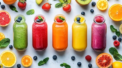 Poster - Freshly pressed Fruit vegetable juice smoothie with fruits veggie toppings on white background file Many assorted different flavour Mockup template for artwork design : Generative AI