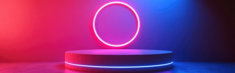 Aufkleber - Neon lighting in pink and blue creates a vibrant backdrop for a vacant fashion podium with a luminous circular shape positioned overhead 3D render