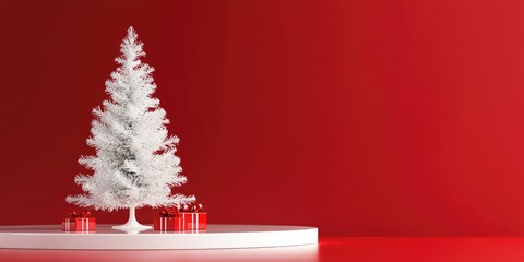Aufkleber - Blank pedestal product stand with glass texture and a white Christmas tree on a red background 3D render