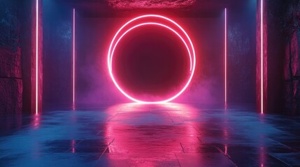 Poster - Vast dark futuristic hall featuring illuminating circular neon lights An abstract empty stage with a moody neon backdrop and reflective surfaces
