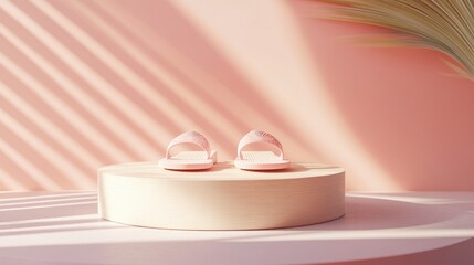 Poster - Cylinder pedestal featuring flip flops for summer product showcase 3D illustration