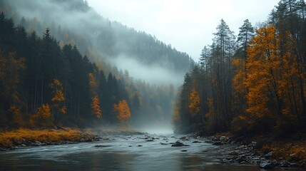 Poster - wild nature shot of mountain river in the mountains shrouded in clouds in autumn a foggy autumn morn