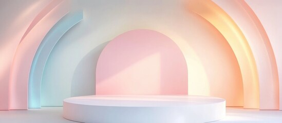 Fototapete - Minimalist podium scene with abstract backdrop in pastel hues 3D rendering