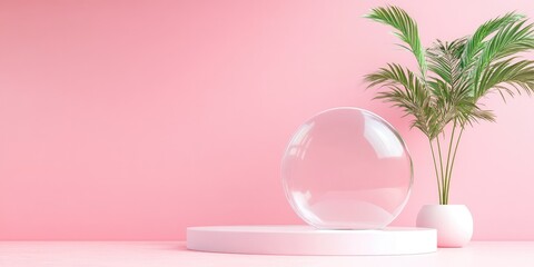 Poster - Round podium and glass screen on a pink background with a small palm tree Natural display Minimalist design 3D rendering