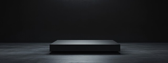 Poster - Contemporary black form on a dark backdrop Vacant platform for product presentation Box pedestal 3D rendered image