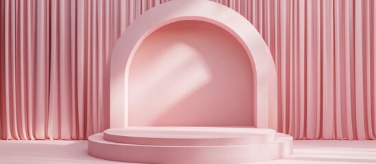 Poster - Minimalist modern 3D podium with art deco arch Pedestal platform for cosmetic and fashion displays Mockup of an award stand realistic scene render design Geometric empty stage