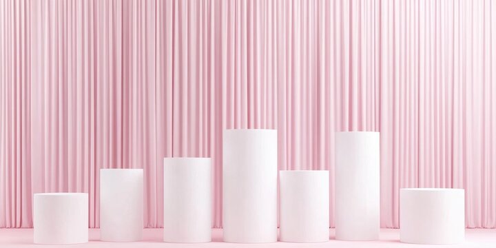 White cylinder boxes arranged against a pink curtain backdrop for product showcasing 3D rendering Luxurious setting
