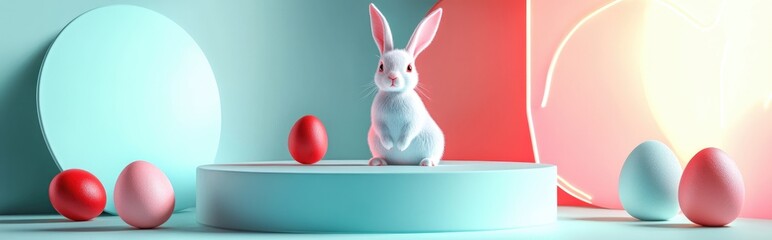 Aufkleber - Easter themed scene featuring a podium with eggs and a rabbit set against a pastel green background Geometric platform designed for showcasing cosmetic products serving as a display pedestal 3D re
