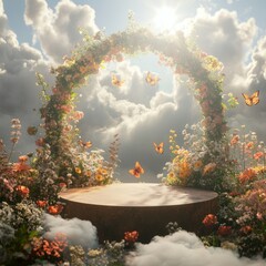 Canvas Print - A wooden platform surrounded by flowers and butterflies with a sun shining in the background.