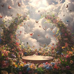 Wall Mural - A wooden platform surrounded by vibrant flowers and butterflies, with a bright sky in the background.