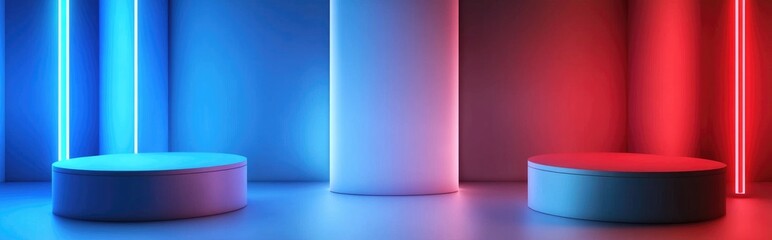 Poster - Blue modern cylinder podiums with blue and white decor in a cartoon style 3D rendering