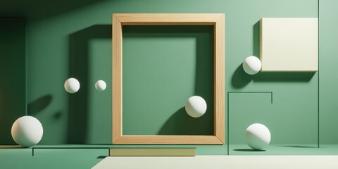 Poster - Green scene with a wall and floor featuring a wooden frame and geometric shapes in 3D rendering