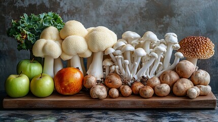 Aufkleber - Autumn food images Shiitake mushrooms maitake mushrooms enoki mushrooms sweet potatoes taro lotus root green apples chestnut  Japanese pears and Japanese persimmons : Generative AI
