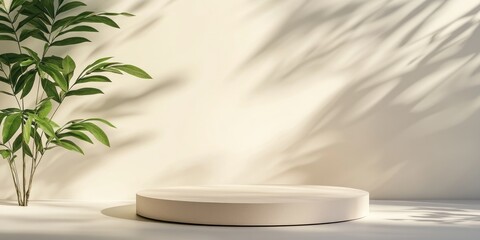 Leinwandbilder - Product presentation pedestal featuring shadowed natural leaves on a light background 3D rendering