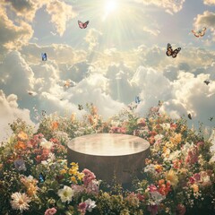 Sticker - A wooden podium surrounded by colorful flowers and butterflies against a blue sky with clouds and sunlight.