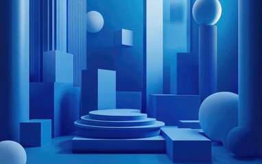 Aufkleber - Abstract minimal 3D rendering featuring a blue geometric cylinder background along with cubes and various forms Contemporary design suitable for presentations branding templates and banners with s