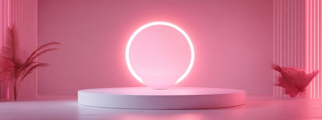 Poster - Empty 3D rendered studio featuring white geometric podium on the floor Abstract platforms for product display with a soft pink pastel background