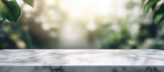 Poster - White stone marble tabletop with a blurred abstract background ideal for showcasing or displaying products