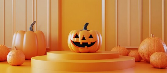 Aufkleber - Halloween themed product mockup featuring a 3D orange podium and a pumpkin in a rendered illustration