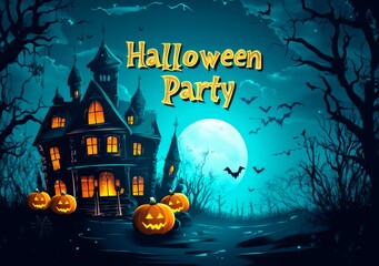 Halloween night background with a haunted house, pumpkins, and a full moon   design. Halloween party poster or card template 