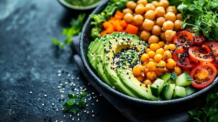 Wall Mural - Vegan Buddha Bowl with Chickpeas Avocado and Fresh Vegetables Healthy Eating Tasty Vegetarian Meal : Generative AI