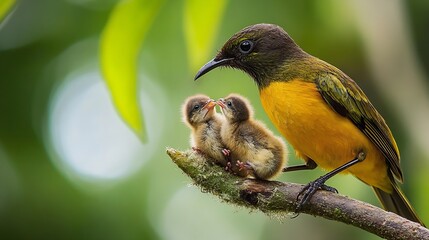 Wall Mural - Sunbird Nectarinia jugularis female feeding new born chicks on branch Sunbird feeding Sunbird hovering : Generative AI