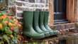 © The Little Hut - 3 pairs mid and full height green rubber outdoor gardening wellington boots lined up in row on doorstep : Generative AI