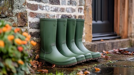 3 pairs mid and full height green rubber outdoor gardening wellington boots lined up in row on doorstep : Generative AI