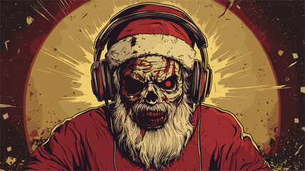 vector santa claus zombie in headphones and sunglasses at rave on background rays .Generative AI