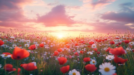 Beautiful flower meadow at sunset with pink clouds in a scenic rural landscape in spring Daisies poppies and long wild grasses cover a Norfolk viewpoint : Generative AI