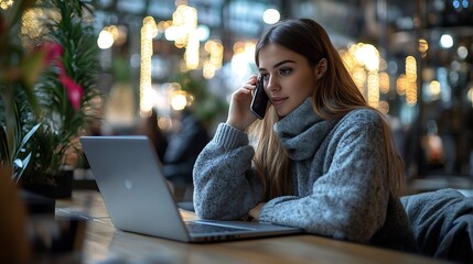 Poster - A woman seated at a desk with a laptop talking on a cell phone in nice modern coworking office : Generative AI