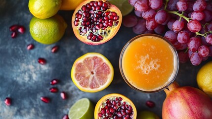 Poster - Delicious seasonal fruit still life with small lemons a pomegranate some paraguayans passion fruit halved limes ripe nectarines a glass of detox juice ripe red grapes viewed from the t : Generative AI