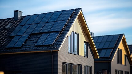 Poster - Newly built houses with black solar panels on the roof against a sunny sky Close up of new building with black solar panels Zonnepanelen Zonne energie Translation Solar panel Sun Energ : Generative AI