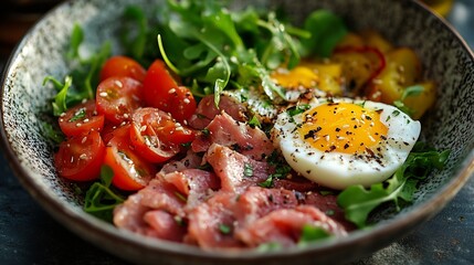 Wall Mural - Vegetable plate with meat fish and eggs Complete diet for the day Time to eat healthy foods Eating by the hour Health concept copy space : Generative AI