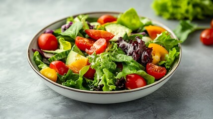 Poster - Delicious vegetable salad on light grey table top view : Generative AI