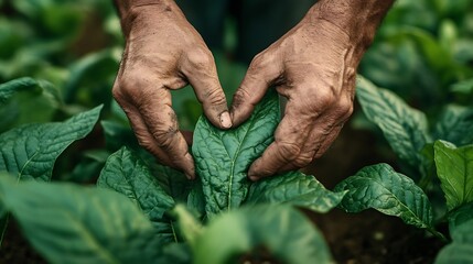 Fototapete - Farmers hand holds tobacco leaves Farmer Inspecting Tobacco Plant Leaves Man hands touching tobacco leaf in tobacco farm to check quality and size before harvesting : Generative AI