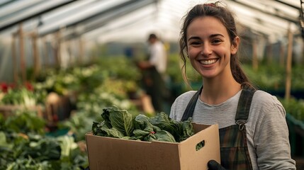 Fototapete - Portrait woman and box with vegetables in greenhouse for sustainable production and cultivation Smile worker and basket with harvest in nature for eco friendly gardening and organic fa : Generative AI