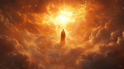 Wall Mural - aweinspiring depiction of spiritual ascension radiant figure rising through parting clouds towards a brilliant celestial light golden rays and ethereal mist create a transcendent atmosphere