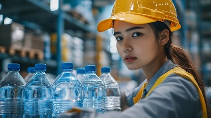 Fototapete - Factory woman worker checking water bottles in the warehouse at the industrial factory Female worker recording data at the beverages manufacturing line production : Generative AI