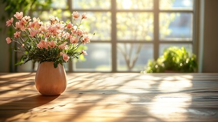 Poster - Table background of free space and kitchen interiorWhite wall with shadows and sunny warm morning timeCopy space for your composition Easter table with spring flowers in a sunny April  : Generative AI