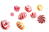 Colorful of confectionery candy falling in the air isolated on background, dessert food with fruit flavors.