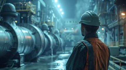 Industrial engineer in a hard hat overseeing the production process in a factory at night