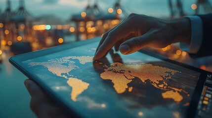 Aufkleber - Businessman touching tablet for analyze stock at logistics port and world map with Delivery network distribution on background transportation trading business concept : Generative AI