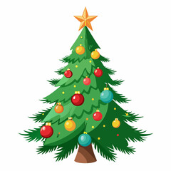 Christmas tree vector illustration, New Year Xmas tree icon on white background, decorated with light